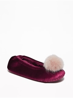 Velvet Faux-Fur Pom-Pom Slippers for Women
