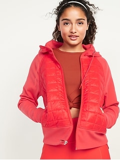 dynamic fleece quilted hybrid zip hooded jacket for women